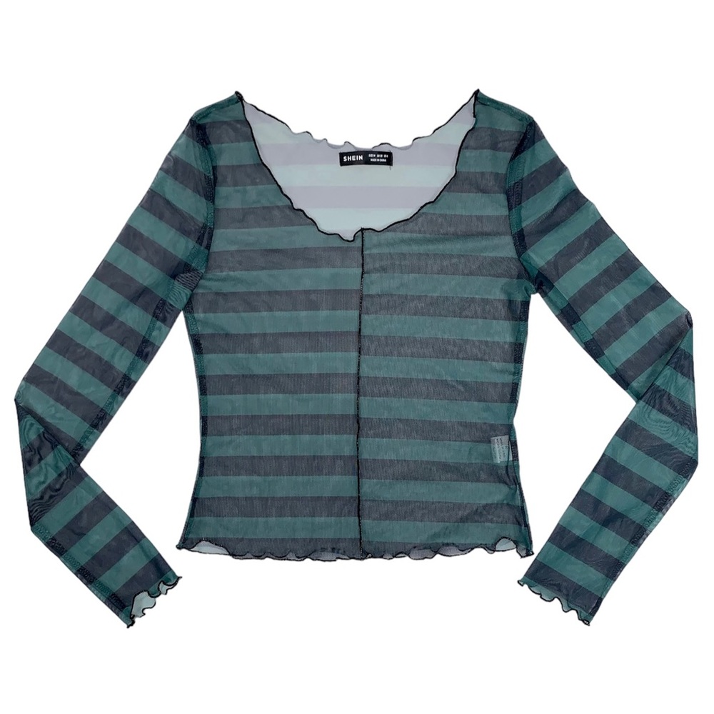 Green and Black Striped Lettuce-Trim Scoop Neck Mesh Top